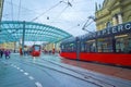 Modern trams run on Bubenbergplatz at Bahnhofplatz station in Bern, Switzerland