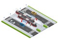 Modern Tramway on the stop and cars on the road Metropolitan mass transit system icons featuring tram car, cable car and