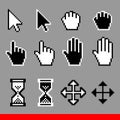 Vector pixel computer cursor icons set. Arrow, pointer, palm, drag, move, hourglass, hand cursor Royalty Free Stock Photo