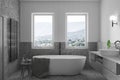 Modern tranquil home bathroom interior with modern amenities and rustic charm, a stunning mountain view. It blends elegance,