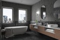 Modern tranquil home bathroom interior with modern amenities and rustic charm, a stunning new york city view. It blends elegance,