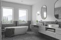Modern tranquil home bathroom interior with modern amenities and rustic charm, a stunning mountain view. It blends elegance,