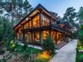 Modern Tranquility: Luxurious Forest Home at Dusk. Generative ai