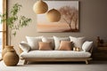 Modern Tranquility Rustic Sofa, Side Table, Potted Houseplants, and Poster-Adorned Walla Scandinavian Home Royalty Free Stock Photo