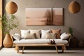Modern Tranquility Rustic Sofa, Side Table, Potted Houseplants, and Poster-Adorned Walla Scandinavian Home Royalty Free Stock Photo