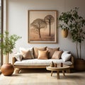 Modern Tranquility Rustic Sofa, Side Table, Potted Houseplants, and Poster-Adorned Walla Scandinavian Home Royalty Free Stock Photo