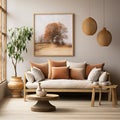 Modern Tranquility Rustic Sofa, Side Table, Potted Houseplants, and Poster-Adorned Walla Scandinavian Home Interior Royalty Free Stock Photo