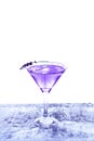 Modern transparent cocktail adorned with lavender standing on ice bar.