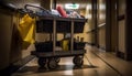 Modern transportation equipment: luggage cart with yellow coathanger in supermarket generated by AI