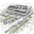 Modern transportation hub featuring a large, futuristic building with solar panels on Royalty Free Stock Photo