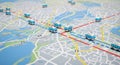 Modern transportation network simulation with autonomous buses navigating a city map with routes and traffic Royalty Free Stock Photo