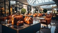 Modern travel luggage on table in elegant hotel lobby generated by AI