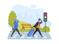 Modern travel people case suitcase hustle crossing avenue road crosswalk traffic light