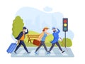 Modern travel people case suitcase hustle crossing avenue road crosswalk traffic light Royalty Free Stock Photo