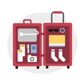 Modern travel suitcase with passport, gadgets, tickets and socks