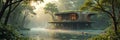 Modern treehouse cabin in serene forest by misty lake at sunrise Royalty Free Stock Photo