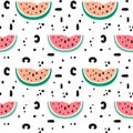 Modern trendy abstract minimalistic texture seamless vector pattern background illustration with watermelon and hand drawn shapes