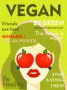 Modern trendy banner on the theme of vegetarianism. World Vegan Day. HEALTHY FOOD. Woman with apples