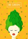 Modern trendy banner on the theme of vegetarianism. World Vegan Day. HEALTHY FOOD. Woman with artichoke