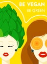 Modern trendy banner on the theme of vegetarianism. World Vegan Day. HEALTHY FOOD. Woman with artichoke