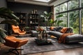 Modern trendy futuristic interior, luxorious villa indoor living room, house architecture design
