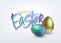 Modern trendy Golden metallic shiny typography Happy Easter on a background of easter eggs. 3D realistic lettering for