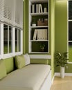 Modern trendy green living room interior design with comfy sofa, shelves with decor Royalty Free Stock Photo