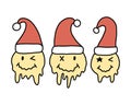 Modern trendy groovy retro melting happy face with smile in Santa hat. y2k vintage design elements set.