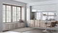 Modern trendy kitchen and dining room in white and bleached tones. Wooden cabinets, contemporary wallpaper and big window.