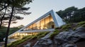 Modern triangle house hillside evergreen ai generated background image