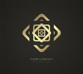 modern triangle premium shape logo design, a gold symbol, icon, trade mark on dark background, a premium logo vector style, modern Royalty Free Stock Photo