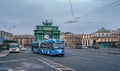 A modern trolleybus on Stachek Square at the Narva Gate, Saint Petersburg