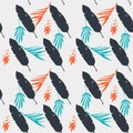 Modern Tropical Vector Seamless Pattern. Cool Summer Textile. Monstera Banana Leaves Dandelion Feather Royalty Free Stock Photo