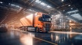 Modern truck with trailer in warehouse. 3D Illustration