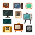 Modern and tube retro televisions set. Plasma smart gadgets and vintage brown tv with small screen old compact signal