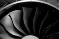 Modern turbofan engine. close up of turbojet of aircraft on black background