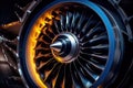 Modern turbofan engine. close up of turbojet of aircraft. Blades of the turbofan engine of the aircraft