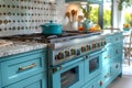 Modern Turquoise Kitchen: Sleek Cabinet, Quartz Countertop, & LED Lights Royalty Free Stock Photo