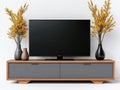Modern TV stand with flat screen TV and decorative vases. Stylish decor Royalty Free Stock Photo