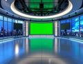 Modern TV Studio with Green Screen, Cityscape Backdrop, and Stage Lighting Royalty Free Stock Photo