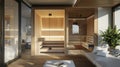 A modern twist on a traditional sauna with sleek lines and innovative technology in an urban apartment.