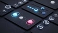 Modern UI Elements: Glowing Toggles, Sliders, and Icons on Dark Background Royalty Free Stock Photo