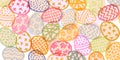 A modern universal Easter pattern of decorated eggs. Colorful doodle illustration with place for text. Holiday banner. Flat vector