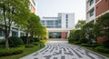 Modern University Campus Courtyard with Paved Pathway and Lush Greenery building Royalty Free Stock Photo