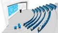Modern university lecture hall with rows of blue seating and a whiteboard Royalty Free Stock Photo