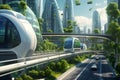 Modern unmanned subway car on the street of a future green city. A futuristic city