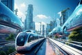 Modern unmanned subway car on the street of a future green city. A futuristic city with electric public transportation systems