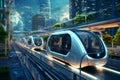 Modern unmanned subway car on the street of a future green city. A futuristic city with electric public transportation systems