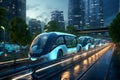 Modern unmanned subway car on the street of a future green city. A futuristic city with electric public transportation systems