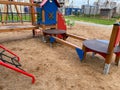 Modern unusual bright wooden playground children`s lodge in the new suburban residential complex Royalty Free Stock Photo